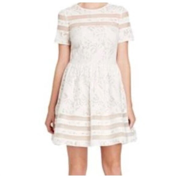Motherhood Dresses & Skirts - Motherhood Maternity White Lace Dress With Sheer Stripes & Short Sleeves L